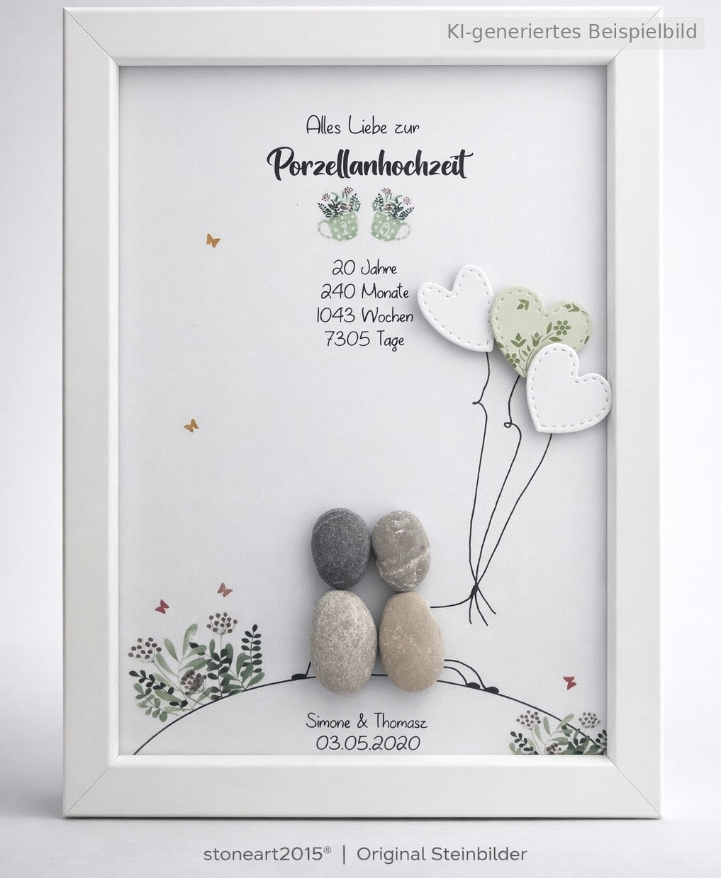 Kieselsteinbild Porzellanhochzeit – Geschenk zum 20. Hochzeitstag, handgemachtes Steinbild