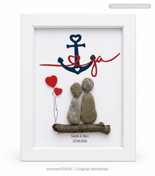 Kieselsteinbild Ja Anker – Hochzeitsgeschenk, handgemachtes Steinbild