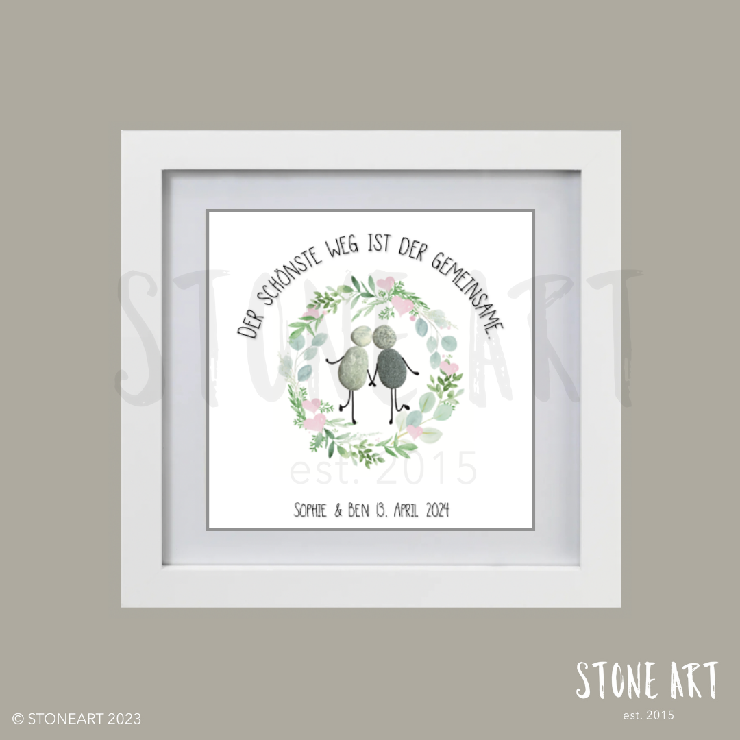 Steinbild „Der schönste Weg ist der gemeinsame" – Kranzmotiv, Kieselsteine handgemacht, Hochzeitsgeschenk