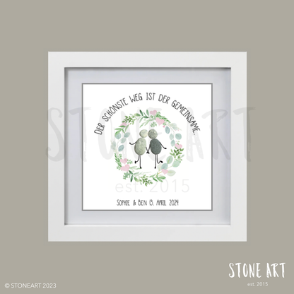 Steinbild „Der schönste Weg ist der gemeinsame" – Kranzmotiv, Kieselsteine handgemacht, Hochzeitsgeschenk