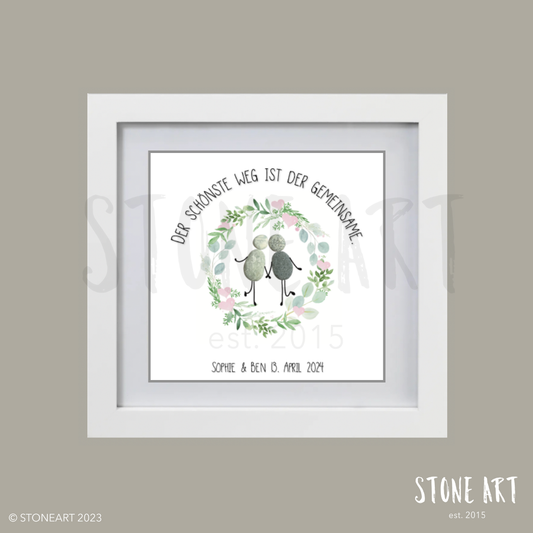Steinbild „Der schönste Weg ist der gemeinsame" – Kranzmotiv, Kieselsteine handgemacht, Hochzeitsgeschenk