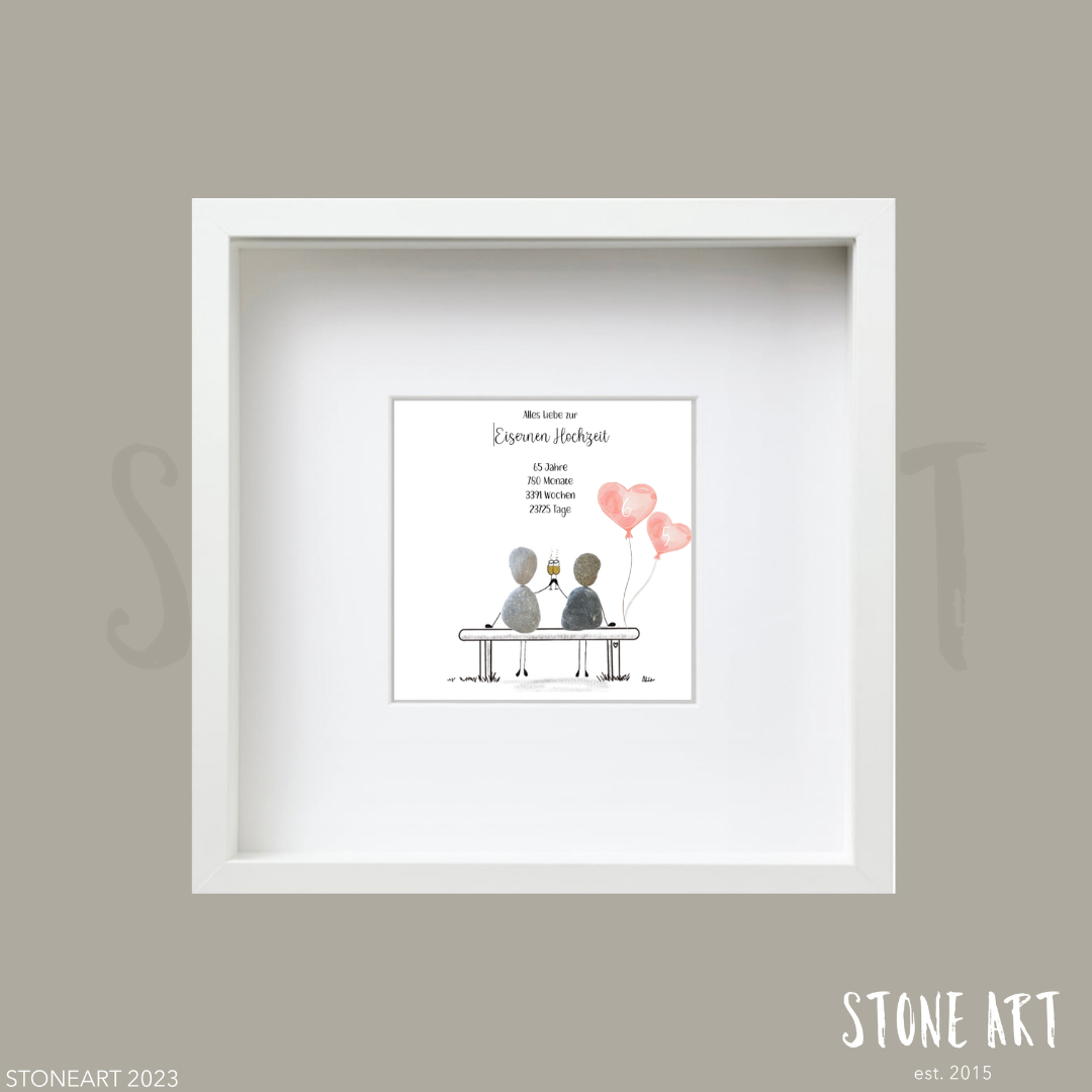 Steinbild Eiserne Hochzeit – Geschenk zum 65. Hochzeitstag, Kieselsteine handgemacht