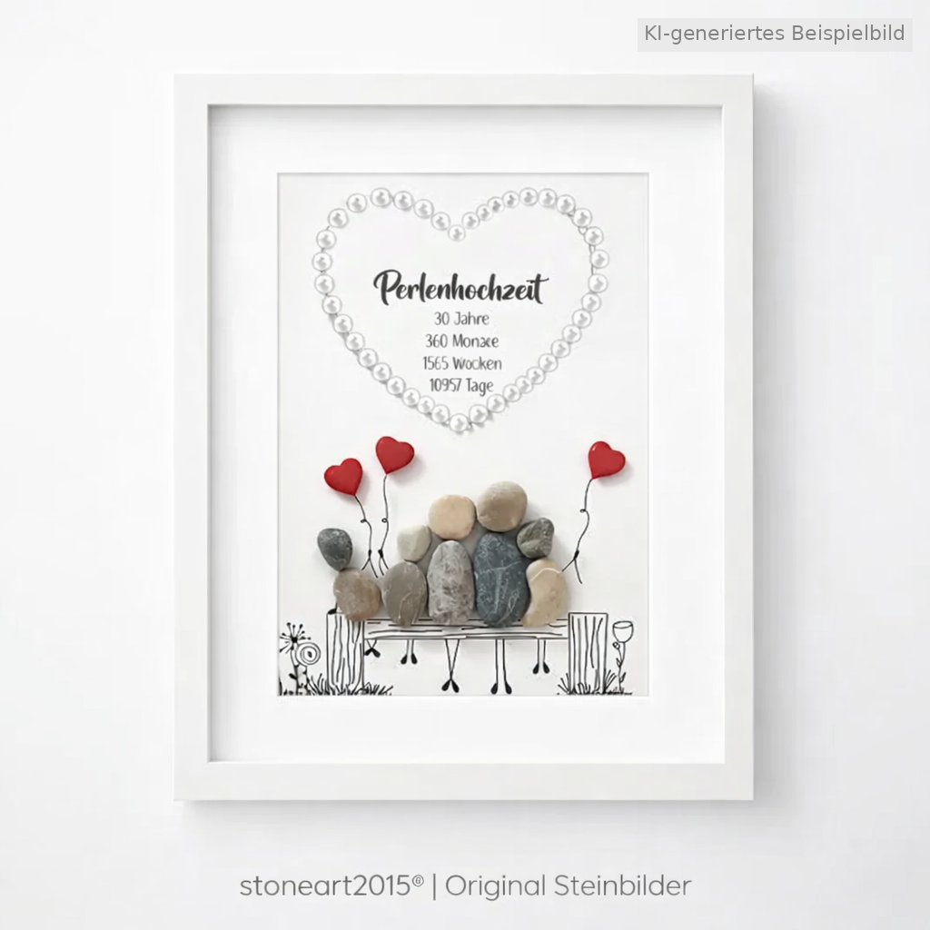 Kieselsteinbild Perlenhochzeit – Geschenk zum 30. Hochzeitstag, handgemachtes Steinbild