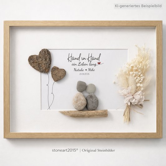 Kieselsteinbild Hand in Hand – Hochzeitsgeschenk für Paare, handgemachtes Steinbild