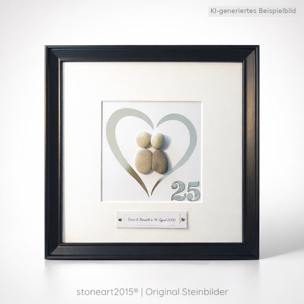 Kieselsteinbild Silberhochzeit – Geschenk zum 25. Hochzeitstag, handgemachtes Steinbild