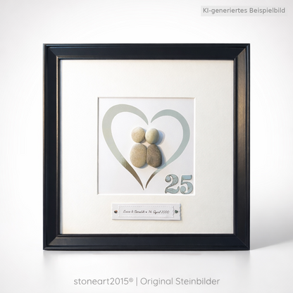 Kieselsteinbild Silberhochzeit – Geschenk zum 25. Hochzeitstag, handgemachtes Steinbild