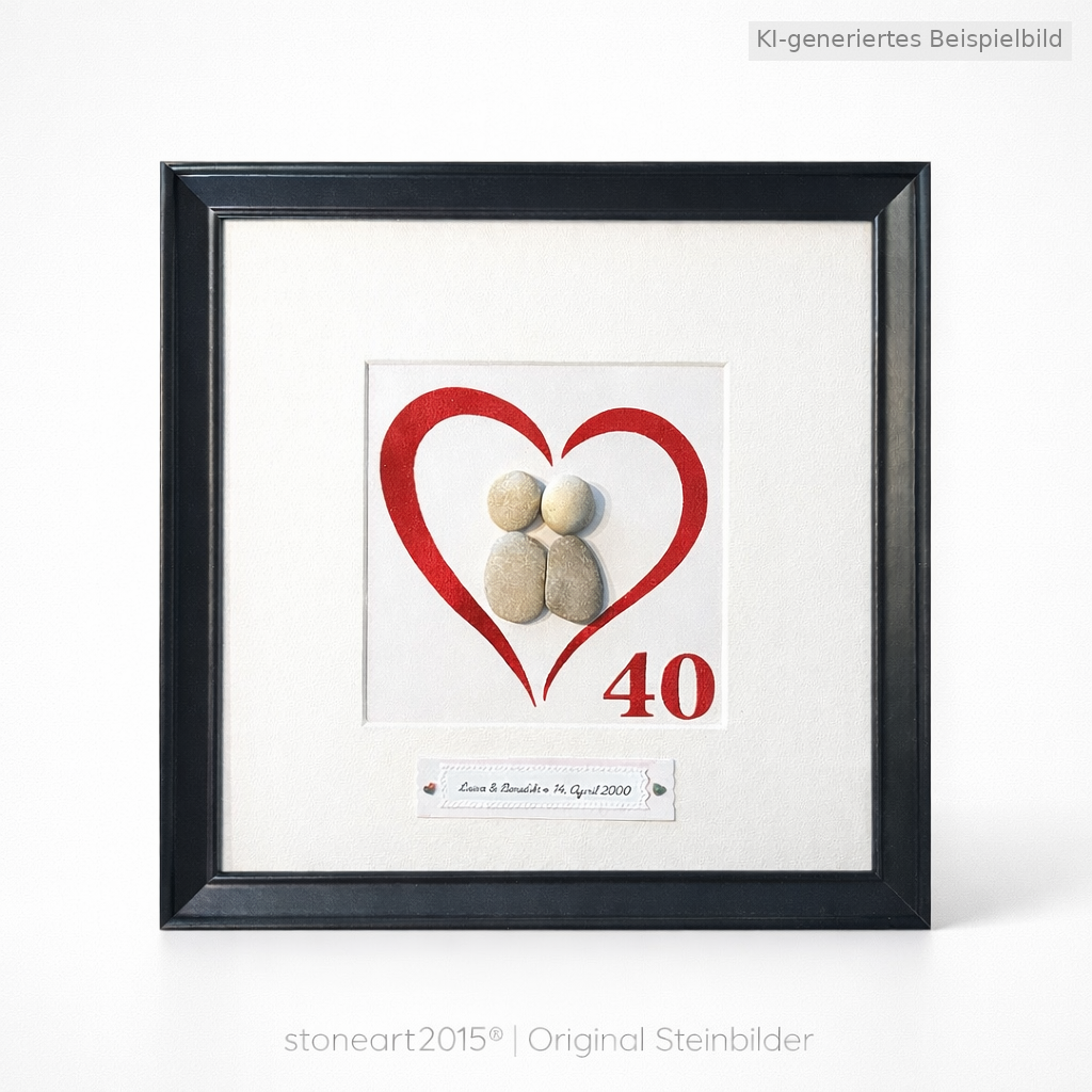 Kieselsteinbild Rubinhochzeit – Geschenk zum 40. Hochzeitstag, handgemachtes Steinbild