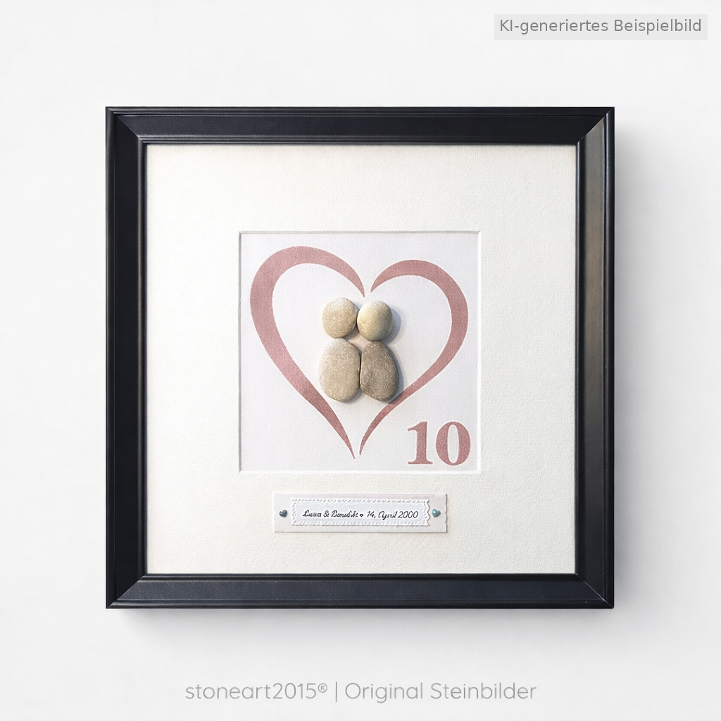 Kieselsteinbild Rosenhochzeit – Geschenk zum 10. Hochzeitstag, handgemachtes Steinbild