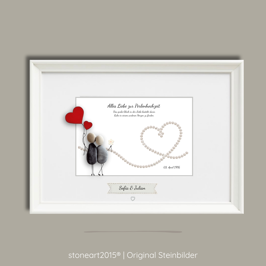 Steinbild Perlenhochzeit – Geschenk zum 30. Hochzeitstag, Kieselsteine handgemacht