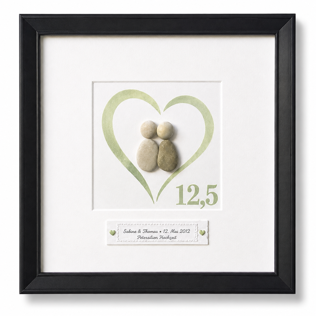 Kieselsteinbild Petersilienhochzeit Herzmotiv – Geschenk zum 12,5. Hochzeitstag, handgemachtes Steinbild