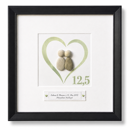 Kieselsteinbild Petersilienhochzeit Herzmotiv – Geschenk zum 12,5. Hochzeitstag, handgemachtes Steinbild