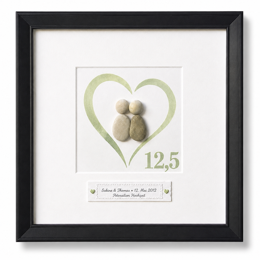 Kieselsteinbild Petersilienhochzeit Herzmotiv – Geschenk zum 12,5. Hochzeitstag, handgemachtes Steinbild