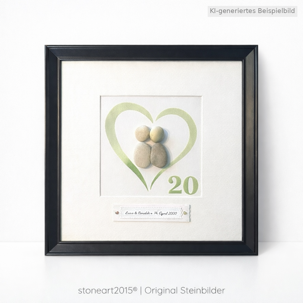 Kieselsteinbild Porzellanhochzeit – Geschenk zum 20. Hochzeitstag, handgemachtes Steinbild