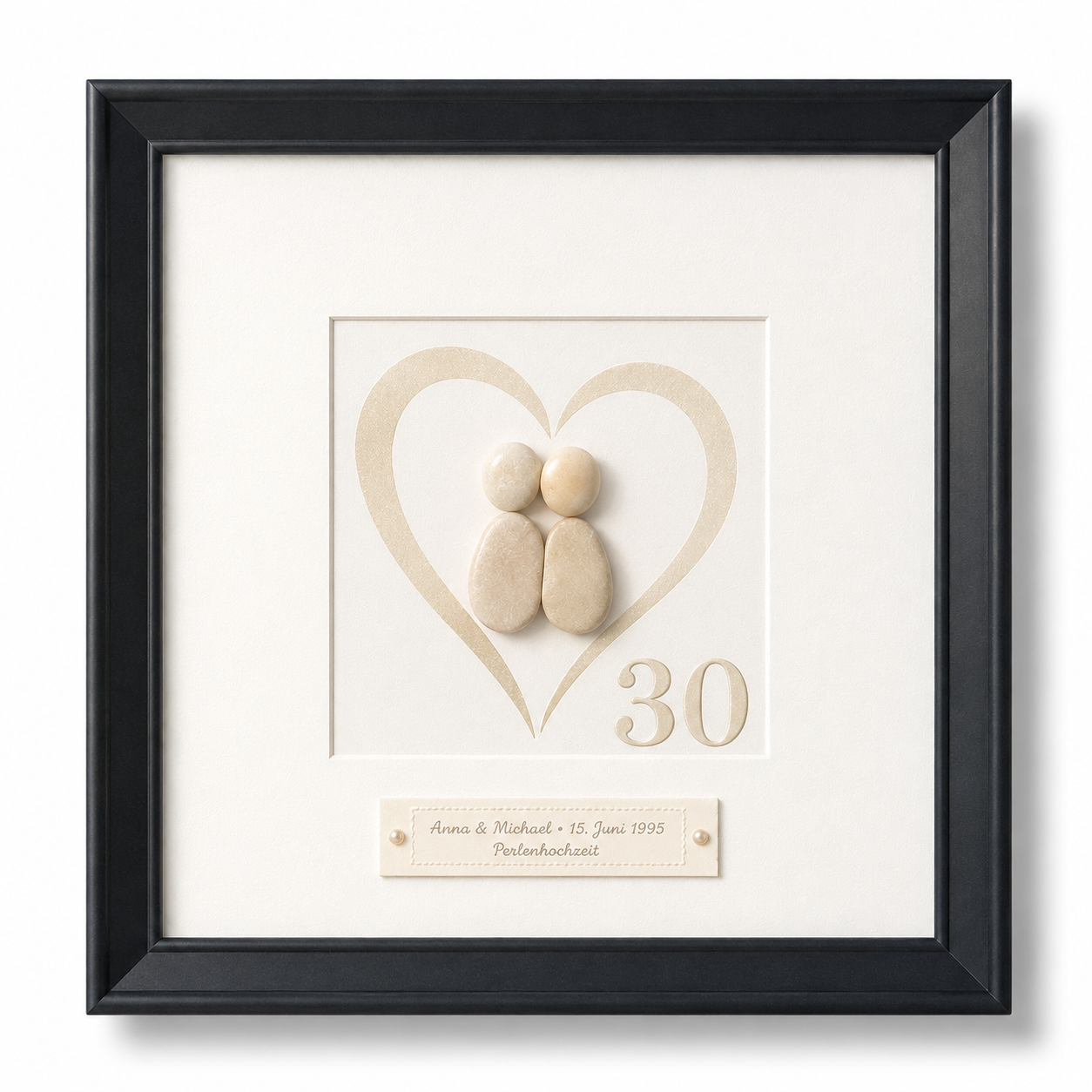 Kieselsteinbild Perlenhochzeit Herzmotiv – Geschenk zum 30. Hochzeitstag, handgemachtes Steinbild