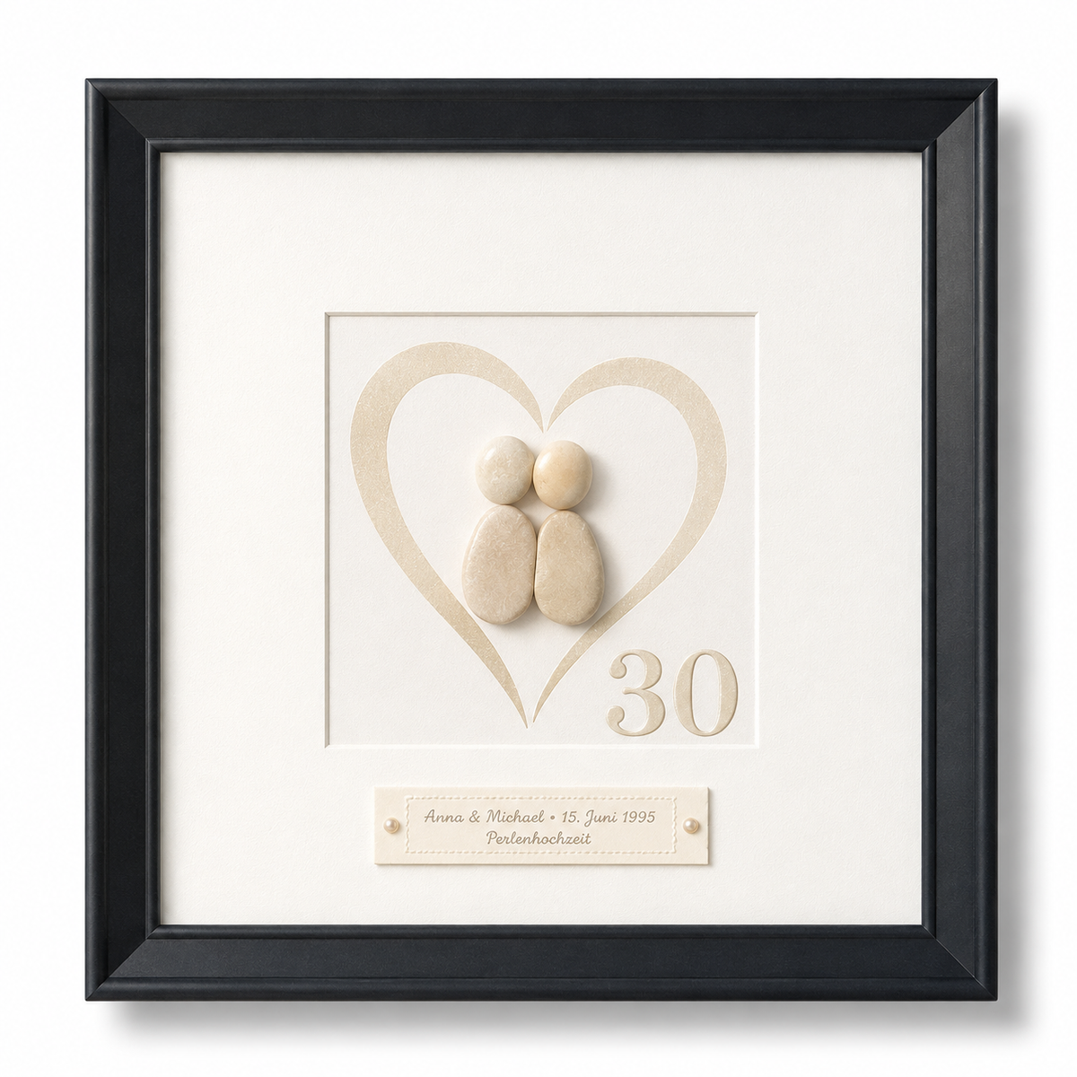 Kieselsteinbild Perlenhochzeit Herzmotiv – Geschenk zum 30. Hochzeitstag, handgemachtes Steinbild