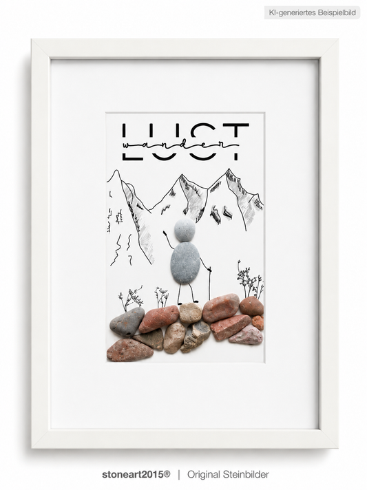 Kieselsteinbild Wanderlust – Geschenk für Wanderer und Bergsteiger, handgemachtes Steinbild