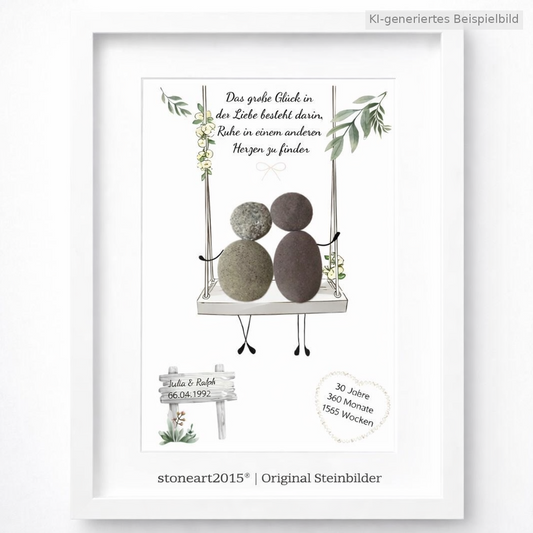 Kieselsteinbild Perlenhochzeit Schaukel – Geschenk zum 30. Hochzeitstag, handgemachtes Steinbild