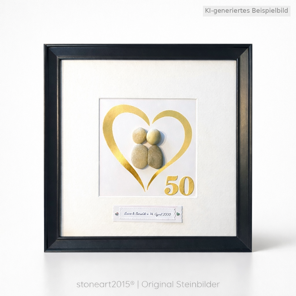 Kieselsteinbild Goldene Hochzeit – Geschenk zum 50. Hochzeitstag, handgemachtes Steinbild