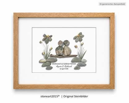 Kieselsteinbild Goldene Hochzeit Paar mit Blumen – Geschenk zum 50. Hochzeitstag, handgemachtes Steinbild