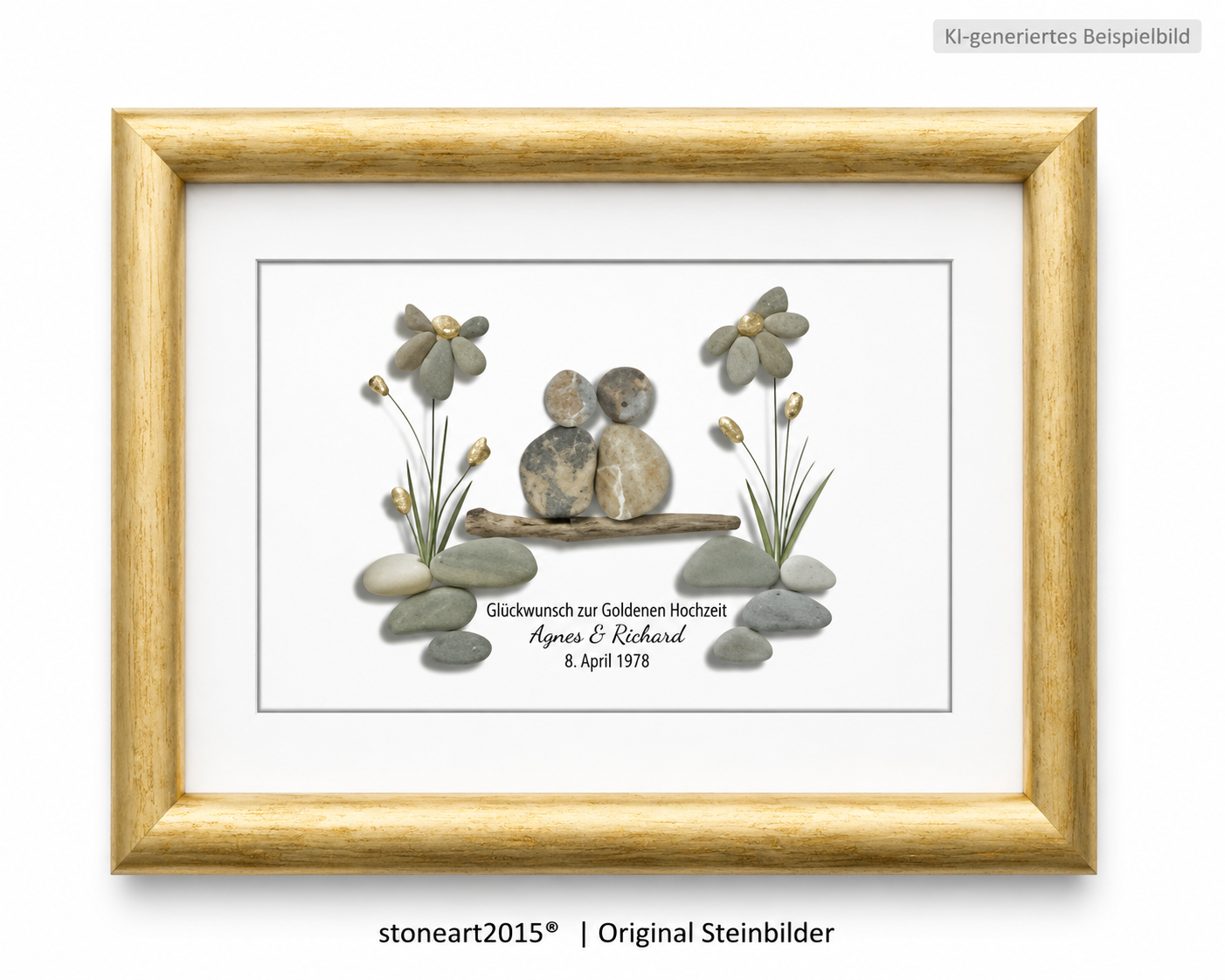 Kieselsteinbild Goldene Hochzeit Paar mit Blumen – Geschenk zum 50. Hochzeitstag, handgemachtes Steinbild