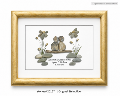 Kieselsteinbild Goldene Hochzeit Paar mit Blumen – Geschenk zum 50. Hochzeitstag, handgemachtes Steinbild
