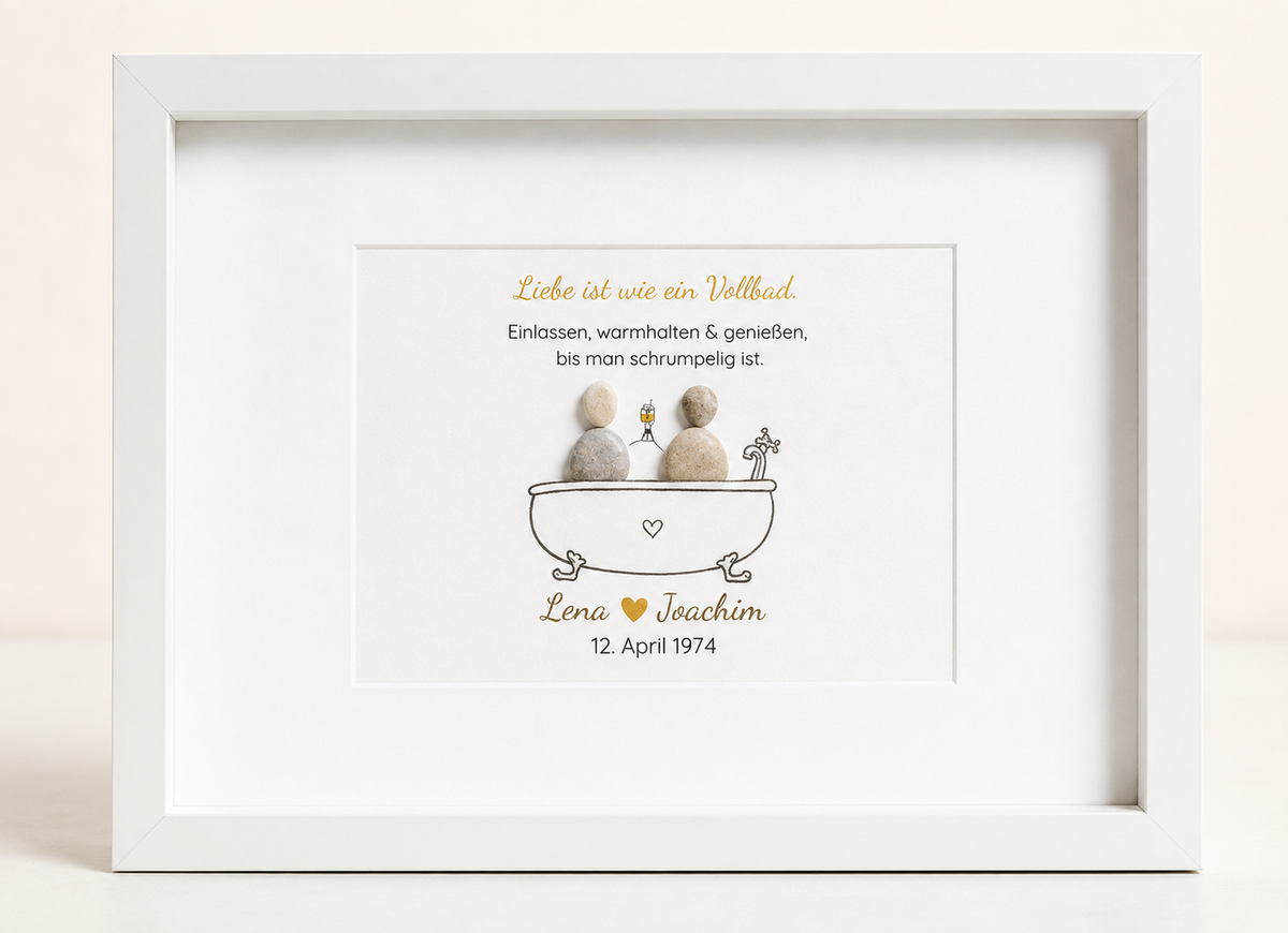 Kieselsteinbild Liebe ist wie ein Vollbad – Goldene Hochzeit, handgemachtes Steinbild