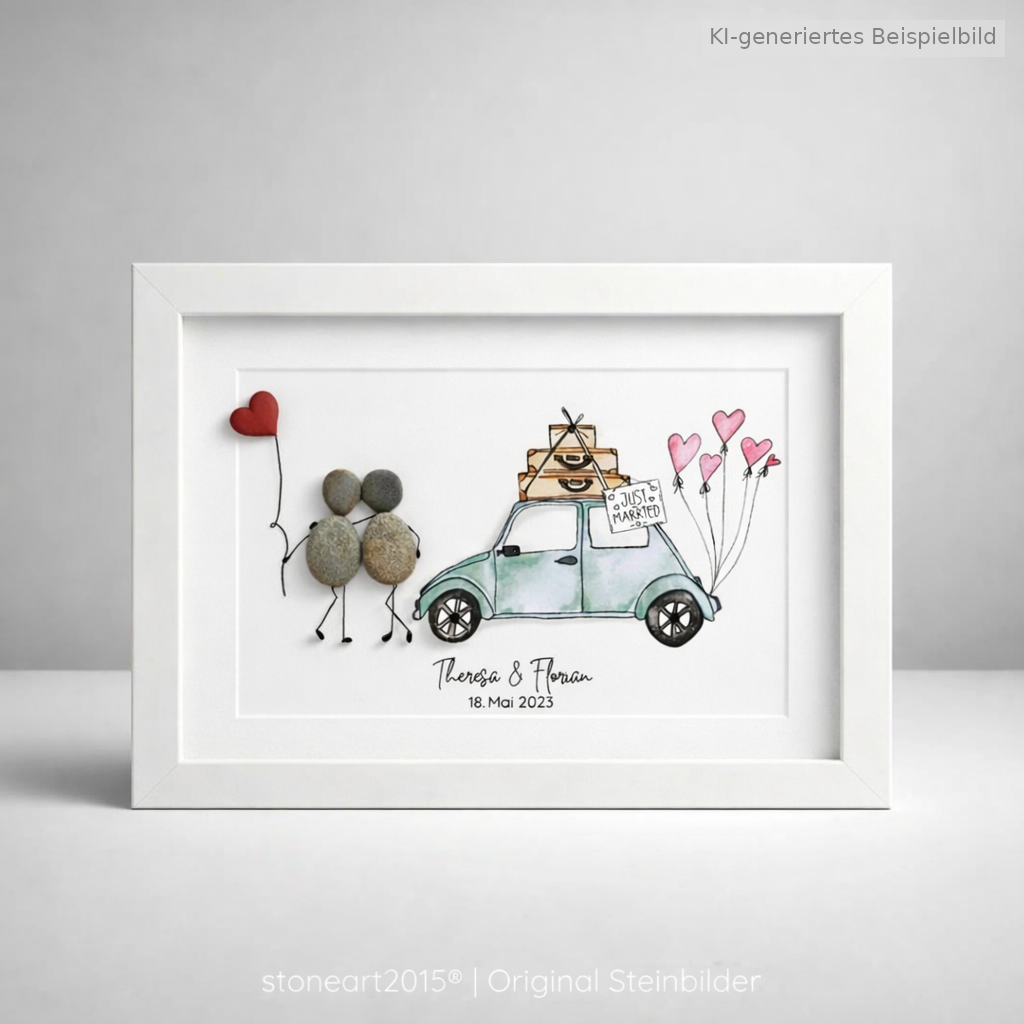 Kieselsteinbild Just Married – Hochzeitsgeschenk mit Auto-Motiv, handgemachtes Steinbild