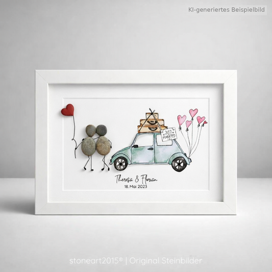 Kieselsteinbild Just Married – Hochzeitsgeschenk mit Auto-Motiv, handgemachtes Steinbild