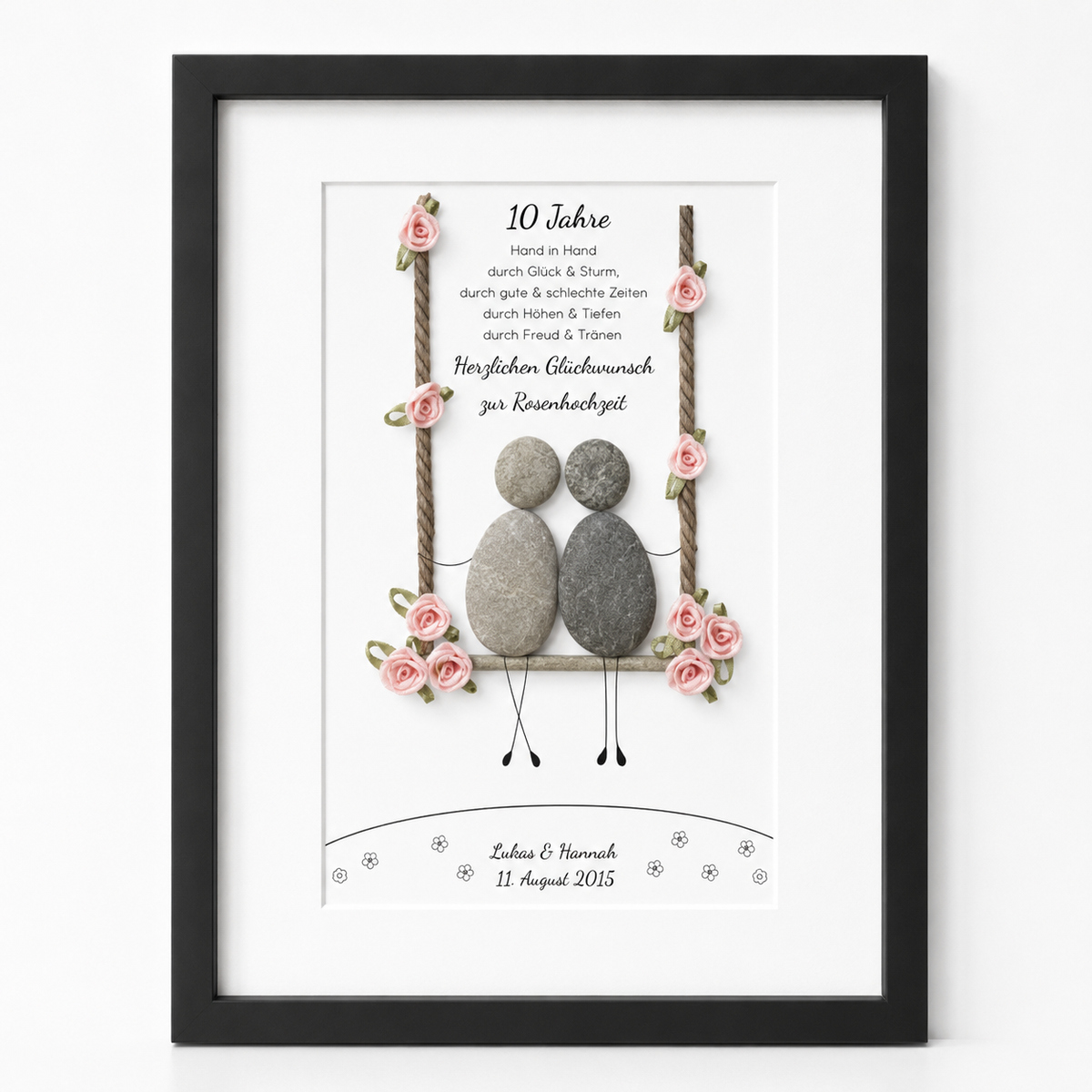 Kieselsteinbild Rosenhochzeit – Geschenk zum 10. Hochzeitstag, handgemachtes Steinbild