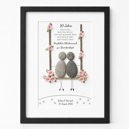 Kieselsteinbild Rosenhochzeit – Geschenk zum 10. Hochzeitstag, handgemachtes Steinbild