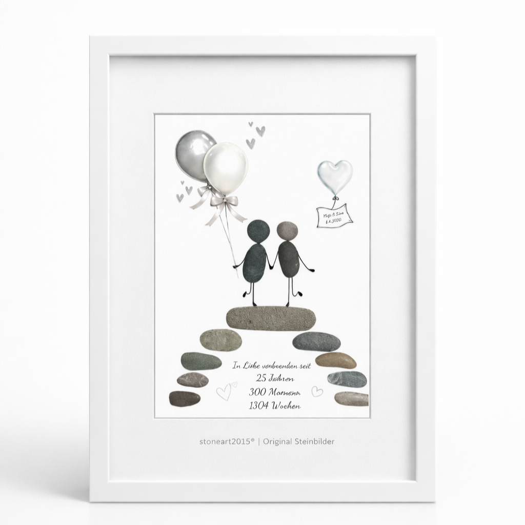 Kieselsteinbild Silberhochzeit – In Liebe verbunden seit 25 Jahren, handgemachtes Steinbild