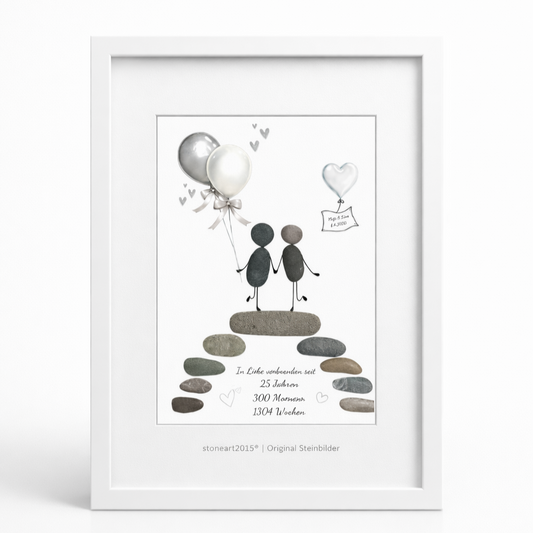 Kieselsteinbild Silberhochzeit – In Liebe verbunden seit 25 Jahren, handgemachtes Steinbild