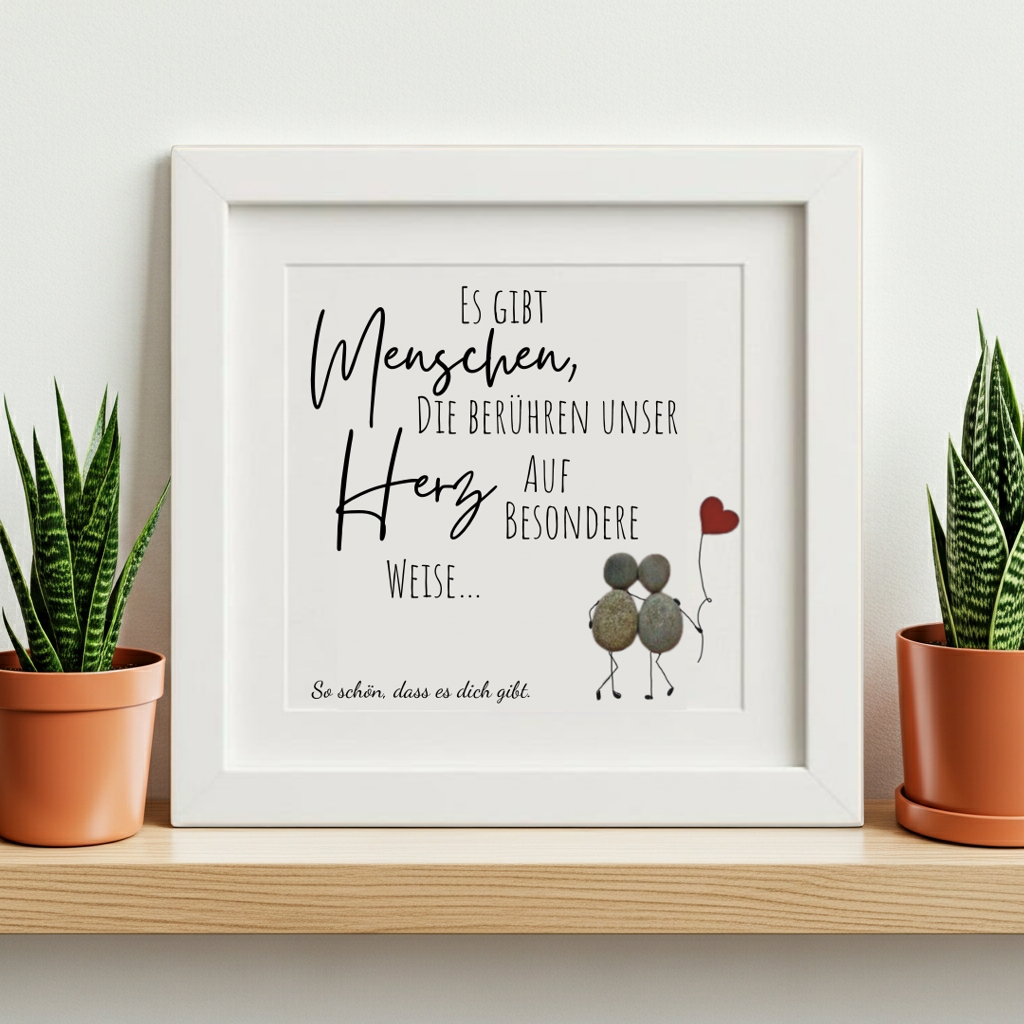 Kieselstein Kunst als persönliches Geschenk mit emotionalem Spruch im Wohnraum dekoriert
