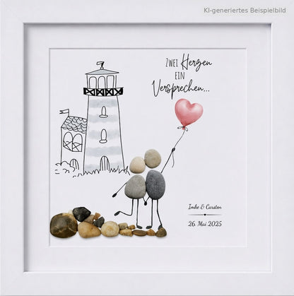 Kieselsteinbild Zwei Herzen ein Versprechen – maritimes Hochzeitsgeschenk, handgemachtes Steinbild