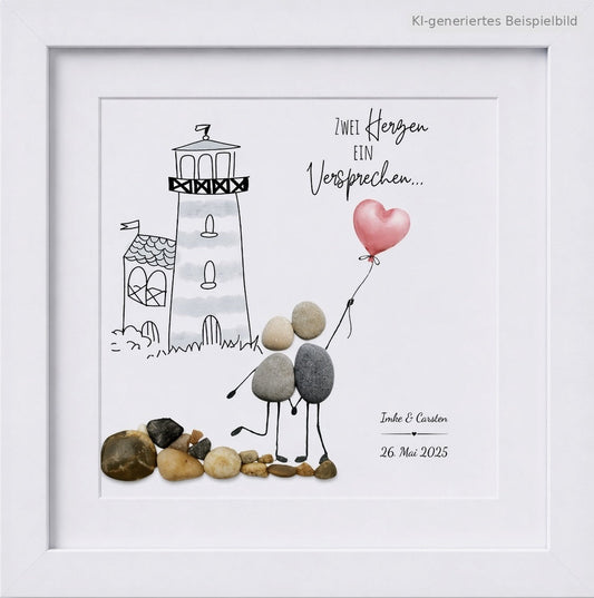 Kieselsteinbild Zwei Herzen ein Versprechen – maritimes Hochzeitsgeschenk, handgemachtes Steinbild