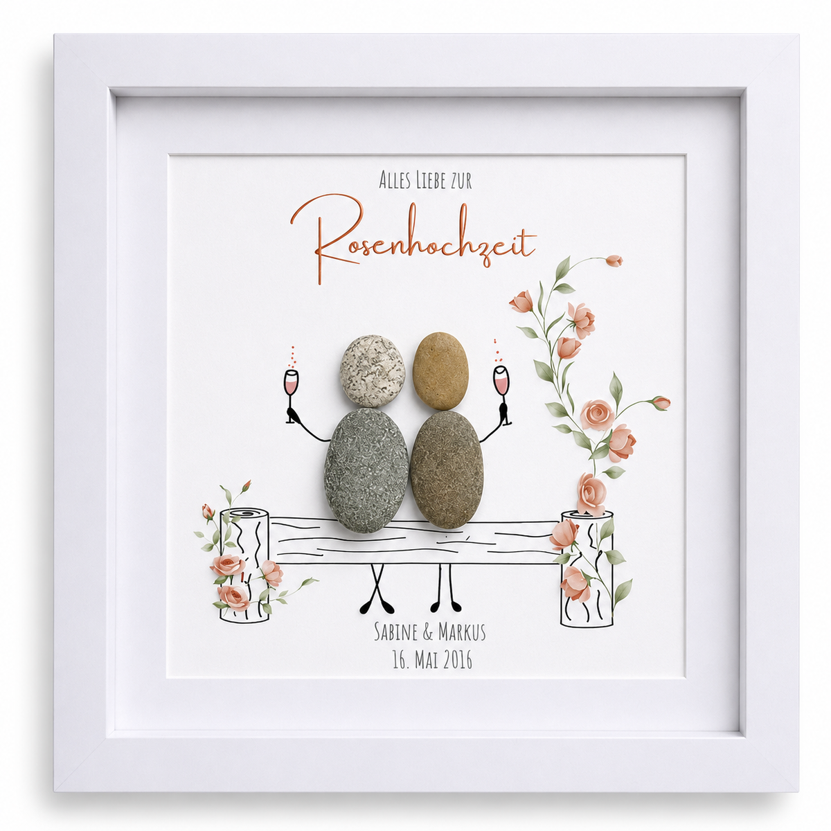 Steinbild Rosenhochzeit – 10 Jahre – Bank mit Ranke