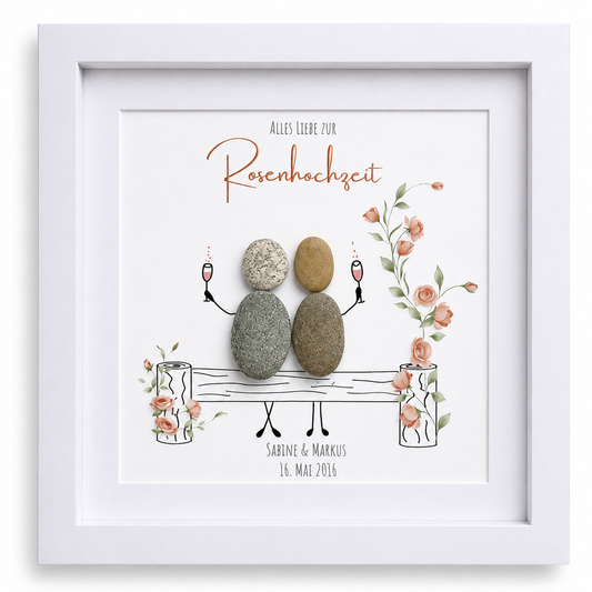 Steinbild Rosenhochzeit – 10 Jahre – Bank mit Ranke