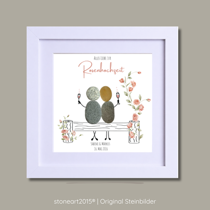 Steinbild Rosenhochzeit – 10 Jahre – Bank mit Ranke