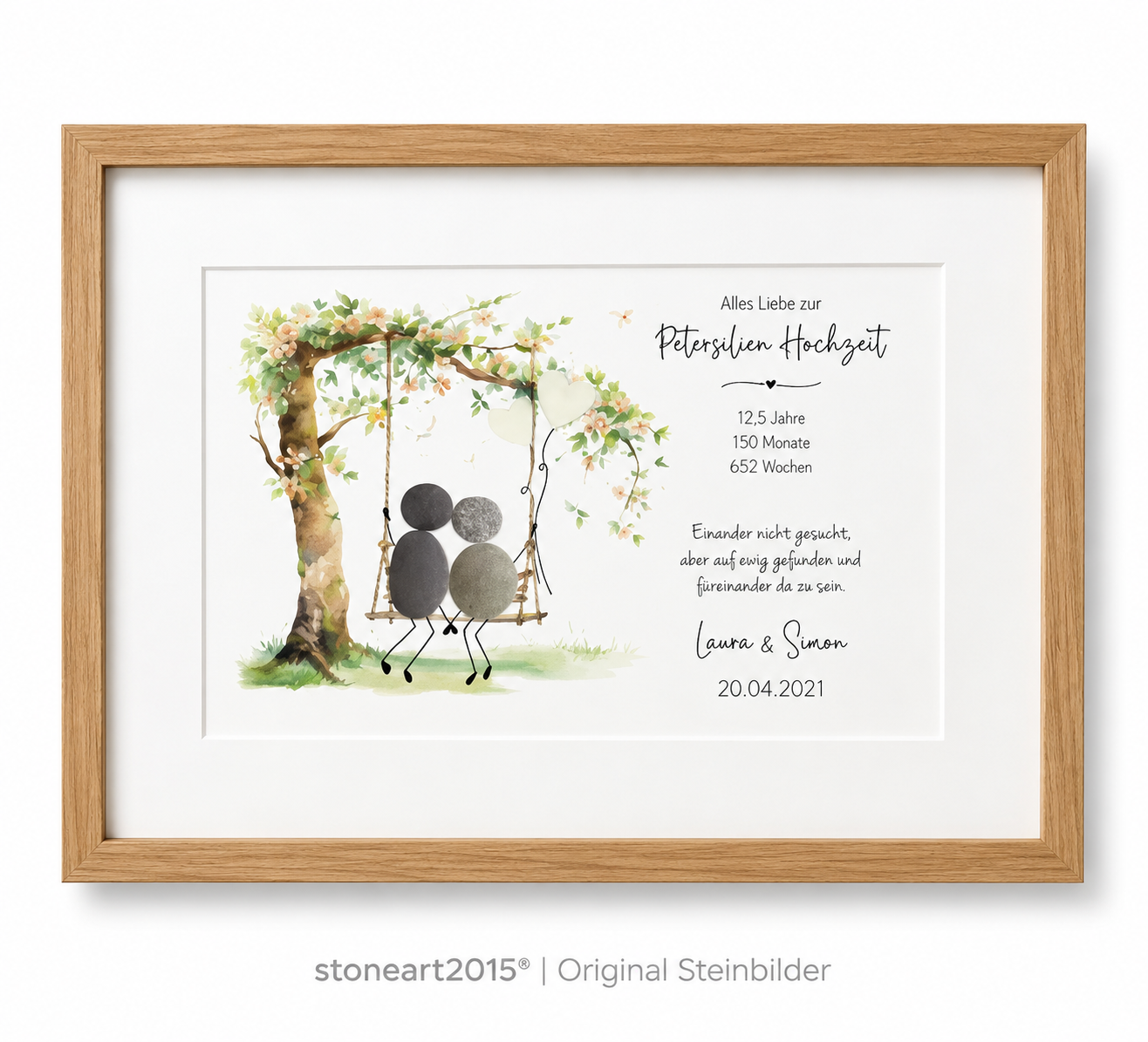 Kieselsteinbild Petersilienhochzeit Schaukel-Motiv – Geschenk zum 12,5. Hochzeitstag, handgemachtes Steinbild