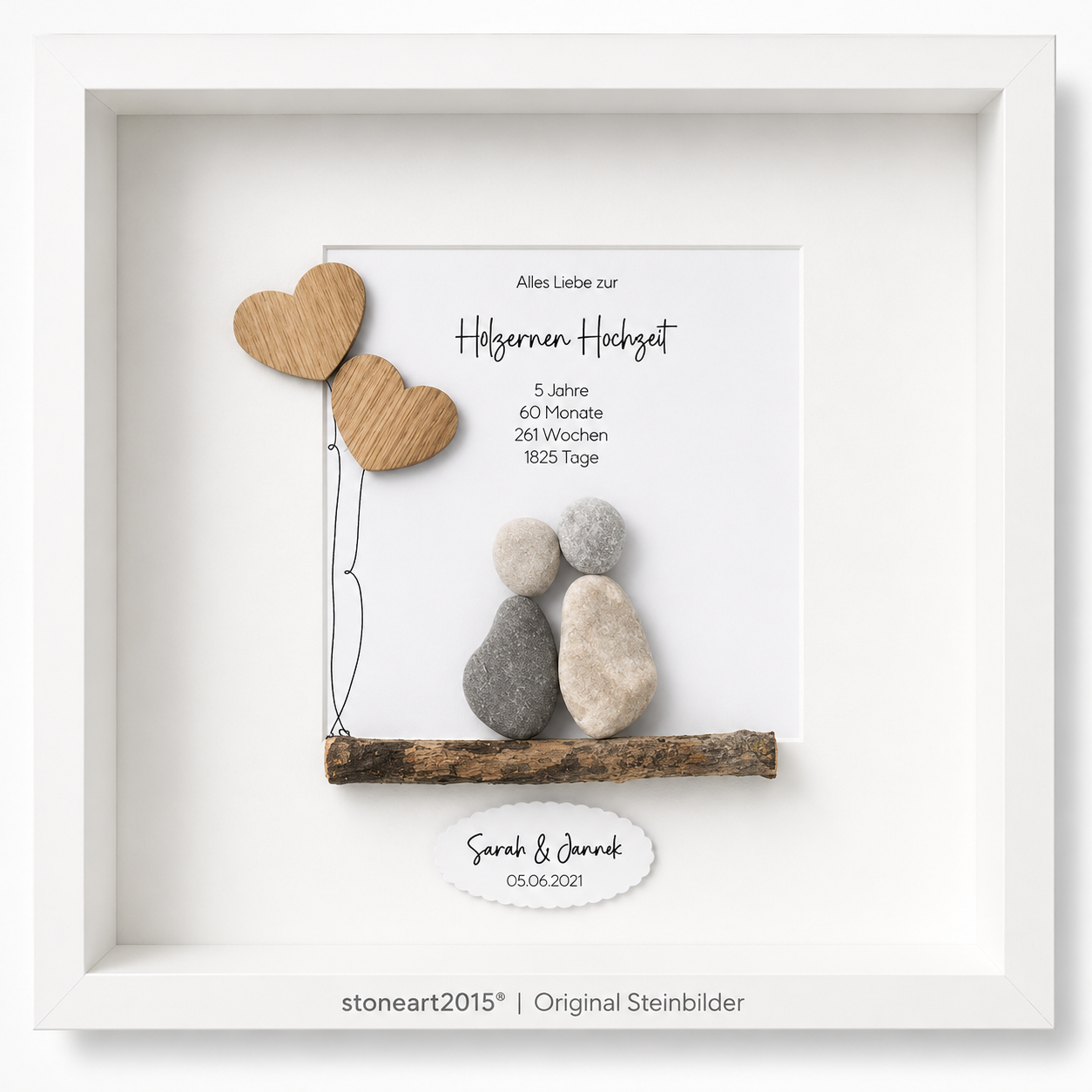 Kieselsteinbild Holzerne Hochzeit – Geschenk zum 5. Hochzeitstag, handgemachtes Steinbild