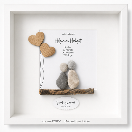 Kieselsteinbild Holzerne Hochzeit – Geschenk zum 5. Hochzeitstag, handgemachtes Steinbild