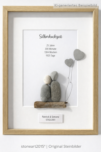 Kieselsteinbild Silberhochzeit Herzballons – Geschenk zum 25. Hochzeitstag, handgemachtes Steinbild