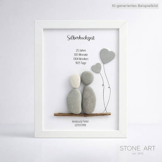 Kieselsteinbild Silberhochzeit Herzballons – Geschenk zum 25. Hochzeitstag, handgemachtes Steinbild