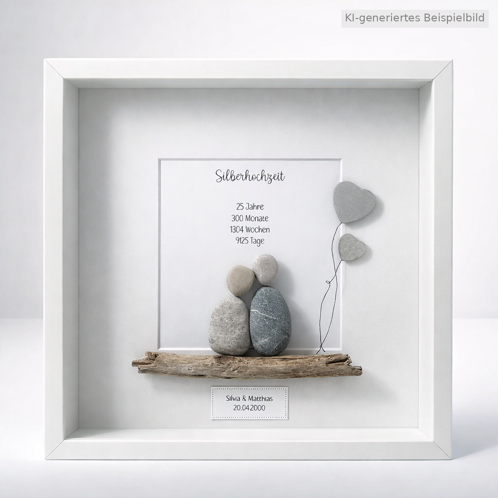 Kieselsteinbild Silberhochzeit Herzballons – Geschenk zum 25. Hochzeitstag, handgemachtes Steinbild