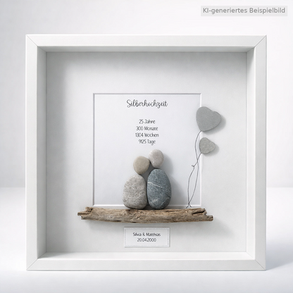 Kieselsteinbild Silberhochzeit Herzballons – Geschenk zum 25. Hochzeitstag, handgemachtes Steinbild
