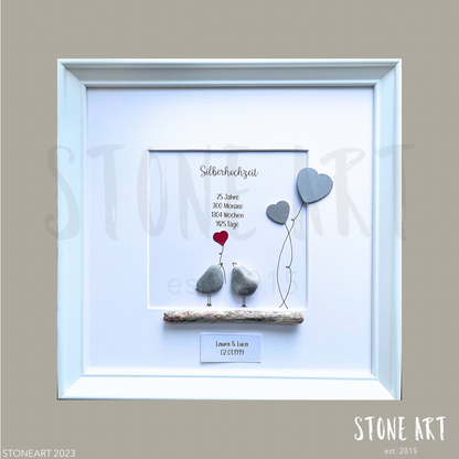 Handgemachtes Steinbild Silberhochzeit mit Vögelchen – Unikat, personalisierbar, Natursteine