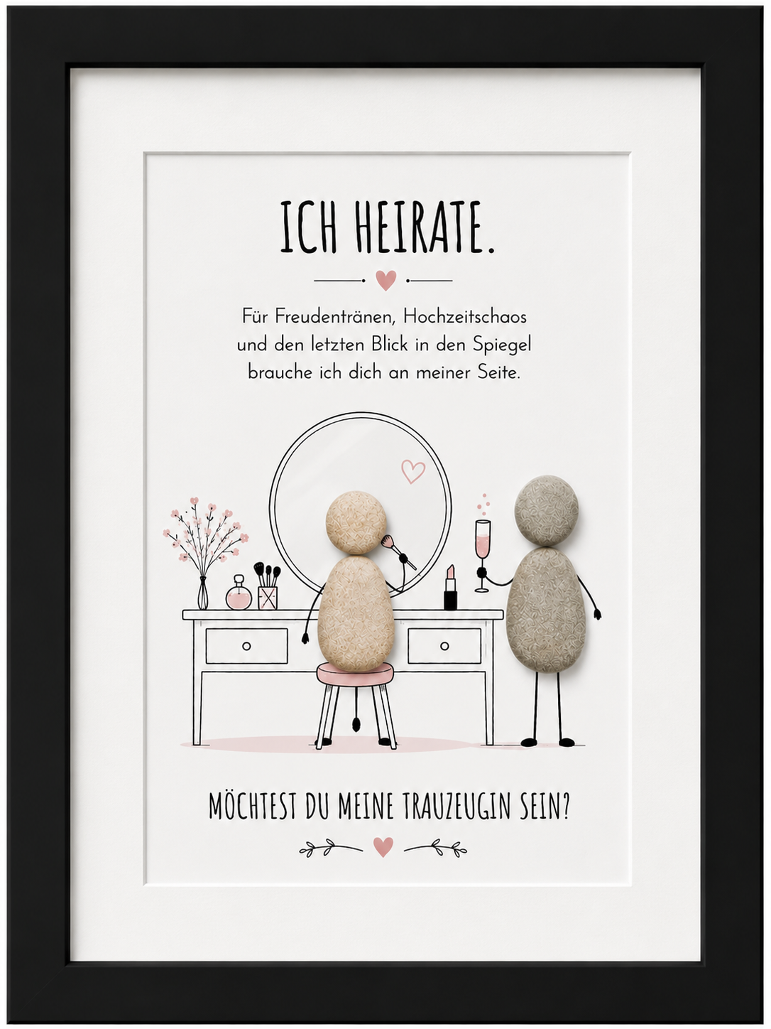 Kieselsteinbild Ich heirate Spiegel-Motiv – Hochzeitsgeschenk, handgemachtes Steinbild