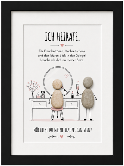 Kieselsteinbild Ich heirate Spiegel-Motiv – Hochzeitsgeschenk, handgemachtes Steinbild