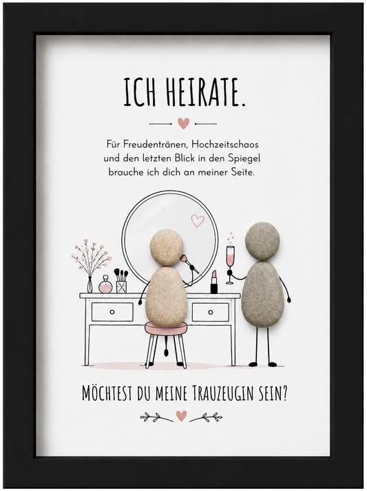 Kieselsteinbild Ich heirate Spiegel-Motiv – Hochzeitsgeschenk, handgemachtes Steinbild