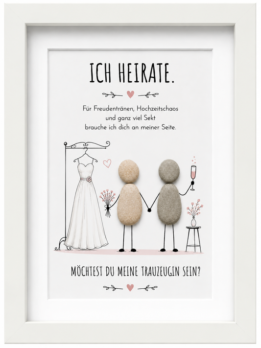 Kieselsteinbild Ich heirate Brautkleid-Motiv – Hochzeitsgeschenk, handgemachtes Steinbild